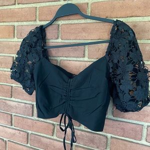 🌸Black Ruched Crop Top with Floral Sleeve🌸